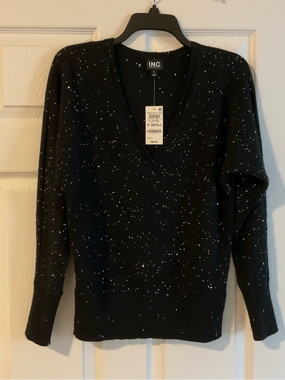 INC International Concepts Black V-Neck Sequin Speckled Knit Sweater